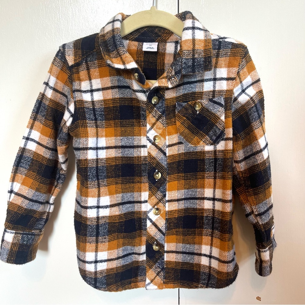 Old Navy Boys Size 3T Orange and Navy Blue Button Down Plaid Flannel Shirt